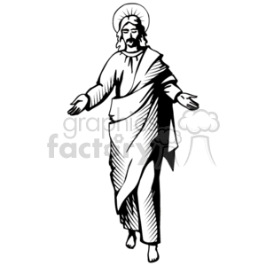 The clipart image depicts a figure commonly associated with depictions of Jesus Christ in Christian iconography. The figure is shown with outstretched arms and a halo around the head, wearing traditional robes.