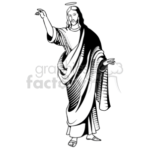 The clipart image features a black and white illustration of a figure commonly identified as Jesus Christ in Christian iconography. The figure is depicted with a halo around the head, symbolizing divinity, and is wearing traditional robes. One hand is raised in a gesture that could be interpreted as teaching, blessing, or addressing an audience, while the other hand is extended outward.