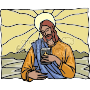 The clipart image depicts a representation of Jesus Christ holding a book, which is likely meant to symbolize the Bible or another holy scripture. Jesus is shown with a halo around his head, a common symbol of divinity in Christian art. He is wearing traditional robes, and there is a radiant light emanating from behind him, which could represent his divine nature. The background appears to be an abstract depiction of a landscape.