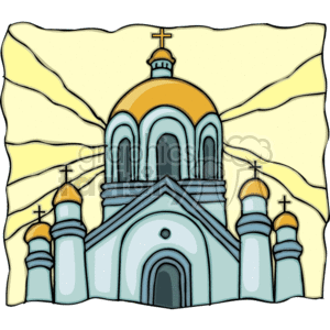 This clipart image depicts a stylized Christian church or cathedral, characterized by multiple domes with crosses on top, indicating its religious significance. The largest dome is gold-colored, while the smaller domes are white with gold and blue accents. The church is set against a simple, cream-colored background with abstract lines that may represent light or a simplified landscape.