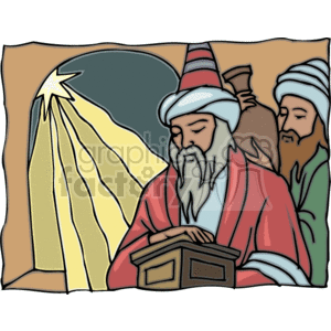 The image appears to be a stylized representation of two of the Biblical Magi, often referred to as Wise Men or Three Kings, who are part of the Christian nativity story. They are usually depicted as bringing gifts to the newborn Jesus. In the image, one is shown holding a container traditionally interpreted as a gift, possibly meant to symbolize gold, frankincense, or myrrh. Both figures have beards and wear traditional ancient Middle Eastern attire. A large star, commonly referred to as the Star of Bethlehem, is shining in the background, which according to the Christian tradition guided the Wise Men to the birthplace of Jesus.