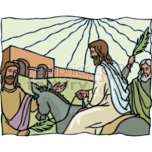 This clipart image depicts a scene often recognized in Christian religious contexts representing Jesus entering Jerusalem on a donkey. People who appear to be his followers or welcoming him are also part of the scene. One person is holding what looks like a palm branch, which is associated with Palm Sunday. The background suggests it's a sunny day with rays of light shining down.