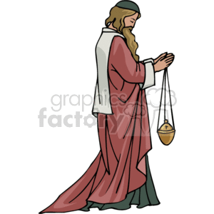 The clipart image depicts a person in a flowing robe and shawl, standing with their hands folded in a gesture of prayer. The person has long hair and a beard, which could indicate a representation of a religious figure from Christianity. The individual is holding a censer, a vessel used for burning incense, which is often used in religious ceremonies to create a fragrant aroma considered to carry prayers to the divine.