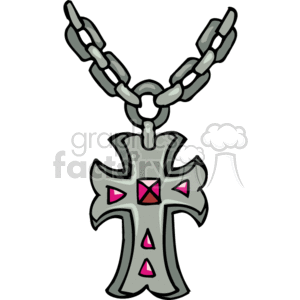 This clipart image depicts a Christian cross necklace with a chain. The cross is ornate, featuring a silver color with pink gem accents. 