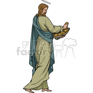 The clipart image shows a figure often associated with Jesus in Christian iconography, depicted with a halo above his head and dressed in traditional robes - a long beige gown with a blue shawl. The figure is holding a large bowl filled with rounded objects resembling loaves of bread, which could be a reference to the biblical narrative of the miracle of the loaves and fishes, where Jesus feeds a multitude with only a few loaves and fish.