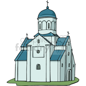 This clipart image depicts a stylized representation of a Christian church or chapel. The image features a building with a prominent dome and cross at the top, along with several smaller crosses on the building's spires. Windows and an entrance door are also visible on the facade.