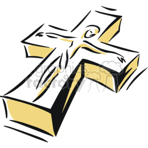 The clipart image depicts a stylized version of a Christian cross. It is a graphical representation of the cross, which is a symbol widely recognized in Christianity. The image consists of primarily two colors – a golden hue for the cross itself, and black lines providing detail and artistic styling.