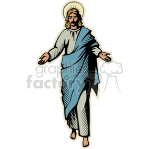 The clipart image depicts a representation of Jesus Christ, a central figure in Christianity. The image shows him with outstretched arms, a halo around his head, dressed in traditional robes. His demeanor suggests a welcoming or comforting pose that is commonly associated with depictions of the Risen Christ.