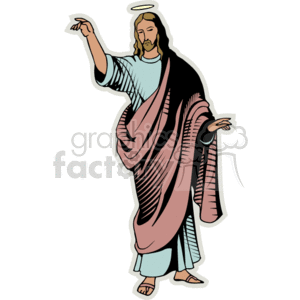 The image is a colorful clipart representation of Jesus Christ as commonly depicted in Christian religious art. He is shown with a halo around his head, wearing a long blue robe with a pinkish-red shawl draped over one shoulder, and extending his hands outward. The style is simplistic and iconic, typical of religious educational materials or church-related decorations.
