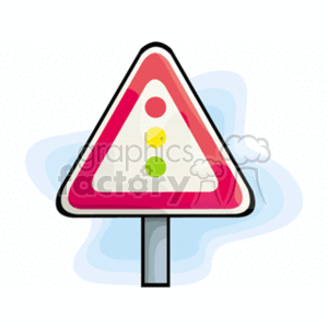 This clipart image shows a stylized triangular road warning sign with a border and an inner symbol depicting a traffic light with red, yellow, and green dots. The sign is mounted on a post, and there is a simplified blue and white background that suggests clouds or abstract design.