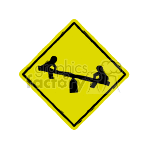 The clipart image shows a yellow diamond-shaped street sign with a symbol of two kids on a seesaw. This sign typically indicates the presence of a playground or warns motorists to be cautious because there may be children playing nearby.