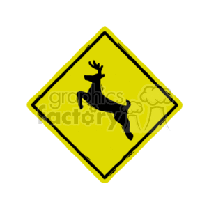 The clipart image depicts a yellow diamond-shaped road sign with a black silhouette of a deer in mid-jump, indicating a deer crossing zone where drivers should be alert for deer.