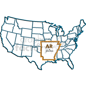 The image is a simplified map of the United States with a highlighted area representing the state of Arkansas (AR). There is also a label on Arkansas with its postal abbreviation AR and the state capital, Little Rock.