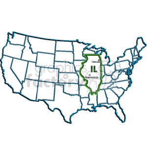 The clipart image shows a map of the United States with the state of Illinois highlighted. Inside the outline of Illinois, there is text denoting major cities and the state abbreviation. Chicago, IL, and Springfield are written within the highlighted area of Illinois.