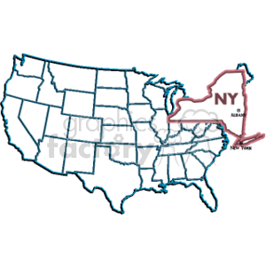 The clipart image displays a map of the United States with all the states outlined. The state of New York is highlighted in a different color, and there is an inset detailing New York state's boundaries and location in greater detail. The abbreviation 'NY' is prominent within the outline of New York, and there is a notation of the state capital, Albany, as well as the mention of New York City.