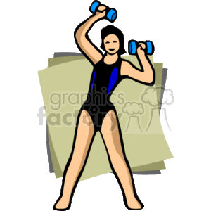 This clipart image features a woman exercising with dumbbells. She is wearing a black and blue workout leotard and is positioned with her feet apart, arms raised as she lifts the weights. The woman appears to be engaged in a strength training or aerobics routine.