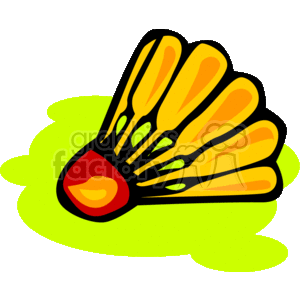The clipart image depicts a stylized representation of a shuttlecock, also known as a birdie, which is used in the sport of badminton. The shuttlecock has a conical shape, with a rounded cork base depicted in red and yellow feathers splayed outwards from the base.