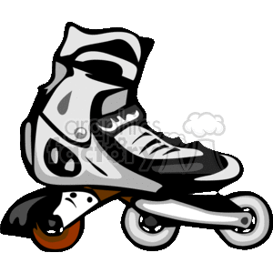 The clipart image displays a single inline skate (often referred to as a rollerblade, which is actually a brand name that has become generically used for any inline skates). The skate is predominantly black and white with gray highlights suggesting the different materials and padding used. It features a high cuff for ankle support, a ratchet strap, laces and velcro strap for secure fastening, a ventilation system as indicated by the holes and vents, a frame that holds four wheels in line, and a brake attached to the back wheel.