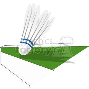 The clipart image depicts a badminton shuttlecock (also known as a birdie) positioned on what seems to be a representation of a badminton court, indicating that it is related to the sport of badminton.