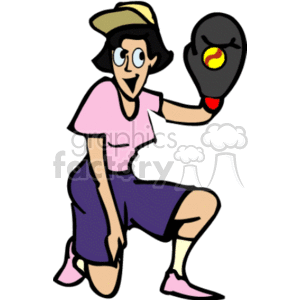 The clipart image shows an animated female softball player. She is wearing a pink short-sleeved shirt, purple shorts, a baseball cap, and a black glove on her left hand, which appears to be catching or holding a softball. She has dark hair and is shown in a crouching pose as if she's ready to play or in the midst of a game.