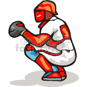 The clipart image features a stylized illustration of a baseball player in the position of a catcher, complete with catcher's gear including a helmet, mask, chest protector, leg guards, and a catcher's mitt.