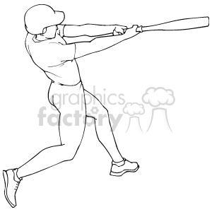 The clipart image depicts a silhouette of a baseball player in the middle of a swing, presumably after hitting a baseball. The player is wearing a helmet, a uniform, and athletic shoes, and is holding a baseball bat extended outward in a follow-through position.