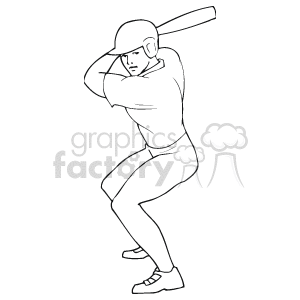 The image is a black and white line drawing of a baseball player in a batting stance. The player is wearing a helmet, a uniform, and cleats, and is holding a baseball bat over their shoulder, ready to swing.