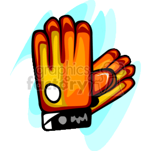 The clipart image depicts a pair of boxing gloves. The gloves are primarily red and orange with some yellow gradients, and they feature white and black accents. They are drawn in a cartoonish style, often used for sports-related illustrations or designs.