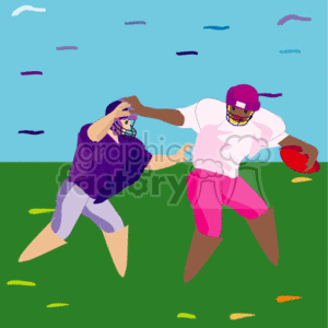 The image is a clipart illustration featuring two football players. One player is wearing a purple and gray uniform and is attempting to tackle the other player, who is dressed in a white and pink uniform and is holding a football while trying to evade the tackle. They are both on a green field with patches of grass and a blue sky with simple white and blue clouds in the background.