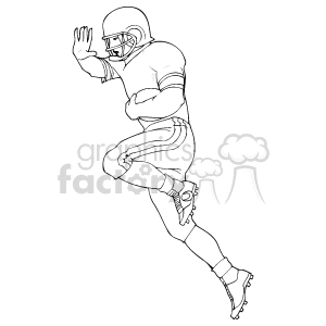 The image is a black and white line art illustration of a football player in a running pose. The player is wearing typical football gear, which includes a helmet, shoulder pads, jersey, pants with knee pads, and cleats. The player's right hand is extended outward, and he appears to be in motion as if he's either running with the ball or ready to catch a pass.