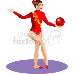 The image depicts an animated representation of a female gymnast. She is wearing a red leotard with yellow flame-like patterns, which suggest movement and elegance. The gymnast is holding a ball, indicating that this is a depiction of rhythmic gymnastics, an event where gymnasts perform using various apparatus like balls, hoops, ribbons, and clubs. The figure is posed on one leg with the other extended behind her, and one arm held aloft holding the ball, conveying balance and poise. She stands on a purple circular mat, which is typical for gymnastic performances to mark the performance area.