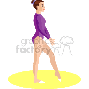 This clipart image depicts a female gymnast. She is standing on a yellow mat, dressed in a purple leotard, with her hair neatly tied back, indicating she is ready to perform or in the midst of a gymnastics routine.