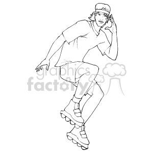 The clipart image depicts an individual who is rollerblading. The person is adorned in casual attire, featuring shorts and a t-shirt, and is sporting a cap on their head. They appear to be captured in a dynamic motion, likely gliding or performing a maneuver on rollerblades. It's a black and white outline that conveys a sense of movement and athleticism associated with roller sports.