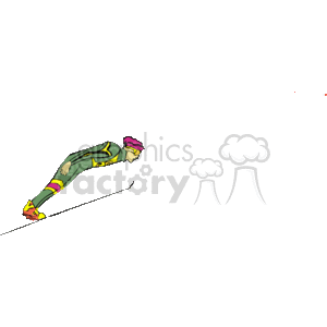 The image depicts a skier in a dynamic pose while skiing, likely going downhill. The skier is positioned diagonally across the frame, suggesting movement and speed. The skier's outfit is colorful, featuring yellow and green with a pink hat, and the skis are also brightly colored. This clipart is simple with clear lines, emphasizing the action and sport of skiing on snow.