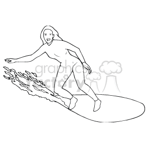 This clipart image depicts an individual surfing on a wave. The surfer is poised on a surfboard, maintaining balance with outstretched arms, riding the crest of the wave which is shown with stylized lines representing the water's spray and motion.