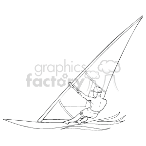 The clipart image depicts an individual engaged in windsurfing. The surfer is standing on a board and holding onto a sail, which is angled to catch the wind. There are stylized waves beneath the board, indicating motion through water.