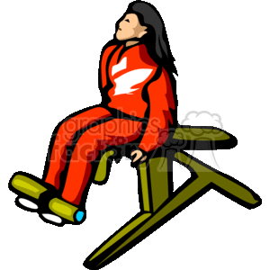 The image depicts a stylized clipart of a person seated on a leg press machine in a gym setting. The individual is wearing a red tracksuit with white details and appears to be exercising their legs using the machine. The leg press machine is colored in shades of green and yellow, and the person's shoes are green with white soles.