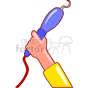 This clipart image shows a stylized illustration of a hand holding a tool that appears to be a work light. The tool has a blue handle and a yellow light casing, with a red cord trailing off the bottom of the image. The light also has a hook at the end, suggesting it might be a portable, hangable work light.