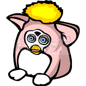 This image depicts a stylized, cartoonish character that resembles a plush toy. It has a pink body with large white and blue eyes, small pointed ears, and a tuft of yellow fur on top of its head. It also features a large white belly and a tiny beak-like mouth, suggesting it might be intended to be a cute, fictional creature akin to a gremlin or a character from the toy line called Furbies.