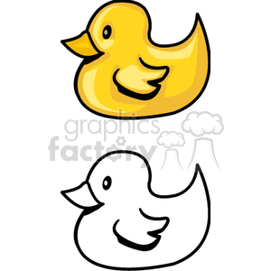 The image shows a cartoon-style yellow duck with a black outline. The duck has a large head and a small body. Its eyes and beak are black, and two small orange wings are visible on its sides. There is also a black-and-white version of the duck 