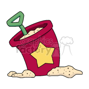 The clipart image depicts a red beach bucket filled with sand. It has a yellow star design on its side and a green shovel sticking out from the top. There are also small mounds of sand beside the bucket, which suggest that the bucket and shovel have been used for playing in the sand. 