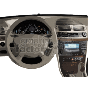 This clipart image depicts a car's interior focused on the steering wheel and dashboard. The image features a stylized and simplified representation of a vehicle's interior, showing the steering wheel in the foreground, which includes the logo emblem in the center. Behind the steering wheel is the instrument cluster displaying various gauges such as the speedometer and tachometer. The central part of the dashboard includes the car's audio system, air vents, and climate control knobs. Below the central dashboard, there appear to be other car controls, possibly related to the vehicle's multimedia or other systems.