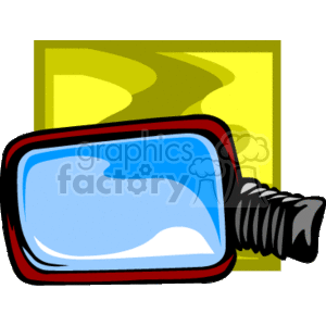 The clipart image depicts a side-view mirror typically found on a car or other types of motor vehicles. The mirror is shaped rectangularly, and seems to be attached to a support that would normally be connected to the vehicle's body.