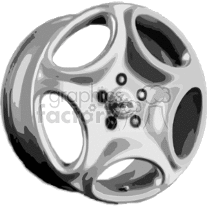 The image depicts a stylized representation of a car wheel rim. It features the typical circular design with a central hub and various socket points for attaching the rim to a vehicle's wheel. The grayscale color scheme gives it a metallic appearance. The design of the rim is somewhat abstract, with a focus on the shapes and curves typical of automotive wheel designs.