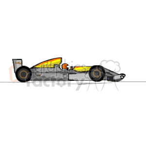 The image is a clipart representation of a race car. It features a sleek and elongated body typical of high-speed racing vehicles, with visible wheels, a prominent rear wing for downforce, and a cockpit for the driver. The color scheme includes a blend of fiery tones, like orange and yellow, which suggest speed and dynamism.