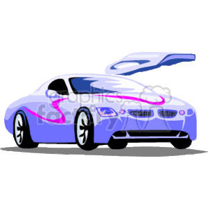 The clipart image depicts a stylized car with its side door open. The car has a modern, sleek design with a two-tone color scheme of primarily purple with pink accents.