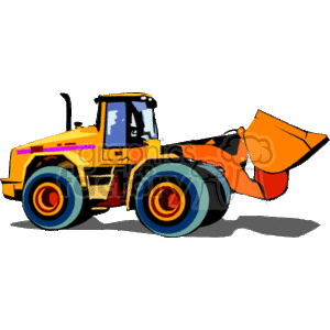 The image is a clipart illustration of a heavy construction equipment known as a front-end loader. The front-end loader is depicted with a raised bucket and it appears to be a generic representation, without specific branding or detailing. The loader is predominantly yellow with some orange and purple detailing, set against a white background.