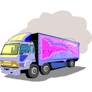 This clipart image features a semi-truck or a box truck commonly used for transporting goods. The truck is depicted with a colorful container/box attached to the cab, which has a blue and yellow design. The background appears to be a simple stylized cloud of exhaust or perhaps just a design element to frame the truck.