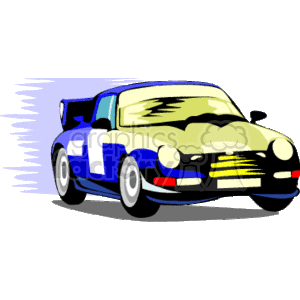The image depicts a stylized clipart of a sports car, which seems to be designed to represent speed and racing. The car is colored primarily in blue with white racing stripes, and it features exaggerated curves as well as motion lines to the rear to convey a sense of movement.