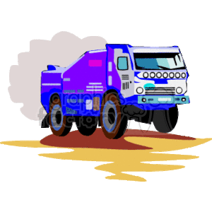 The image shows a stylized clipart illustration of a blue heavy construction truck, commonly used for transportation of materials on construction and land development sites. The truck appears to be of the dump truck variety, with large wheels suitable for off-road or rugged terrain conditions, and a bed for hauling. The truck is depicted kicking up dust, indicating it is in motion.